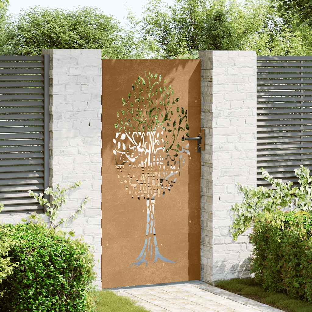 Vrtna vrata 85 x 200 cm od čelika COR-TEN s uzorkom stabla
