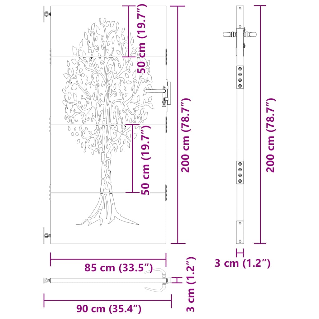 Vrtna vrata 85 x 200 cm od čelika COR-TEN s uzorkom stabla