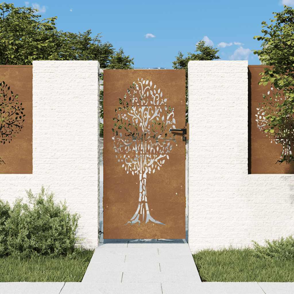 Vrtna vrata 85 x 200 cm od čelika COR-TEN s uzorkom stabla
