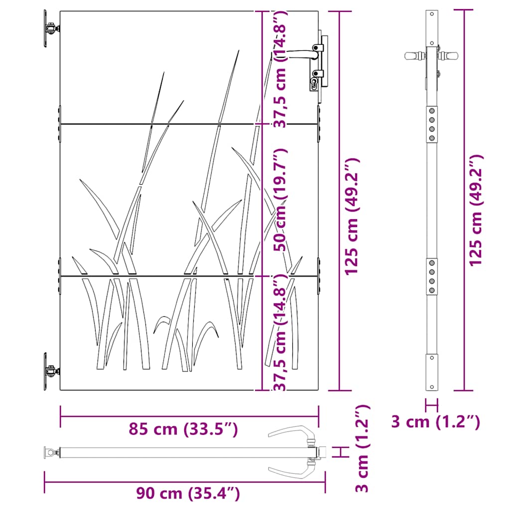 Vrtna vrata 85 x 125 cm od čelika COR-TEN s uzorkom trave