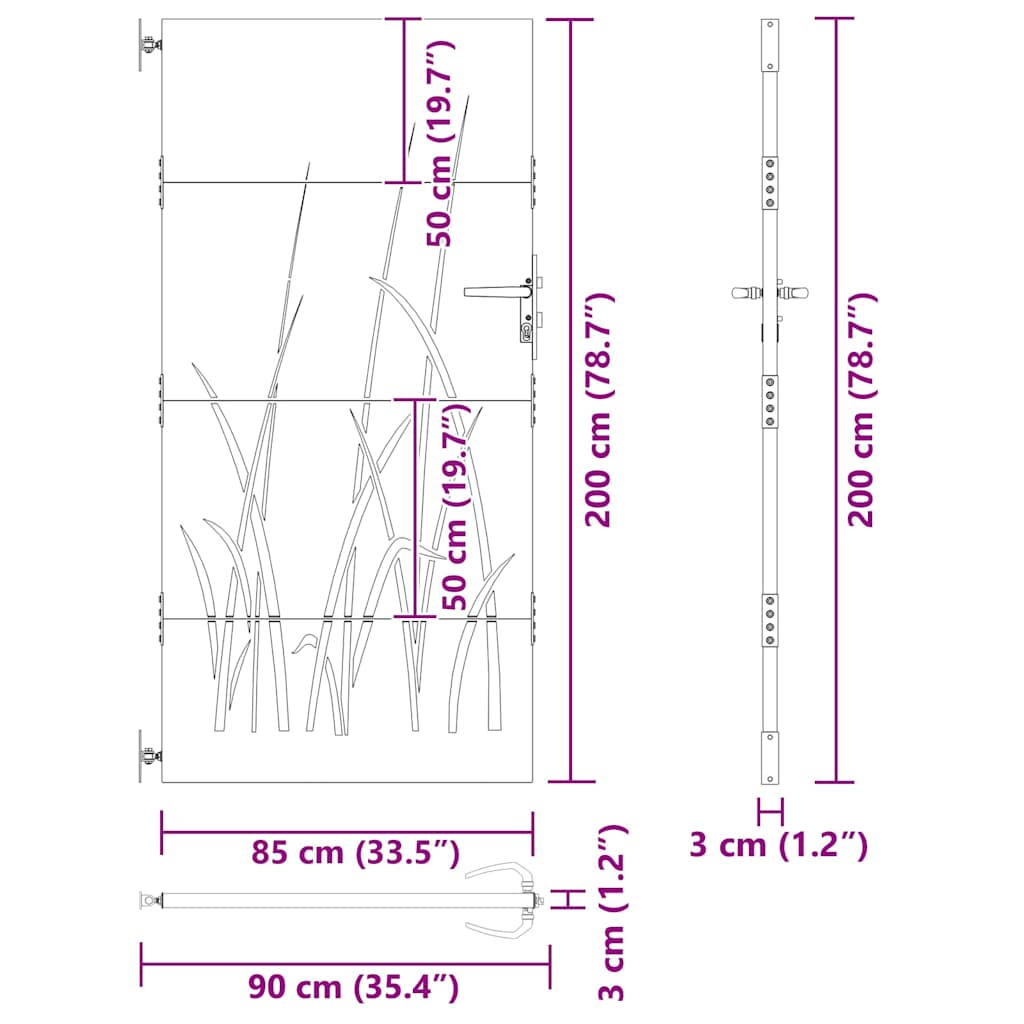 Vrtna vrata 85 x 200 cm od čelika COR-TEN s uzorkom trave