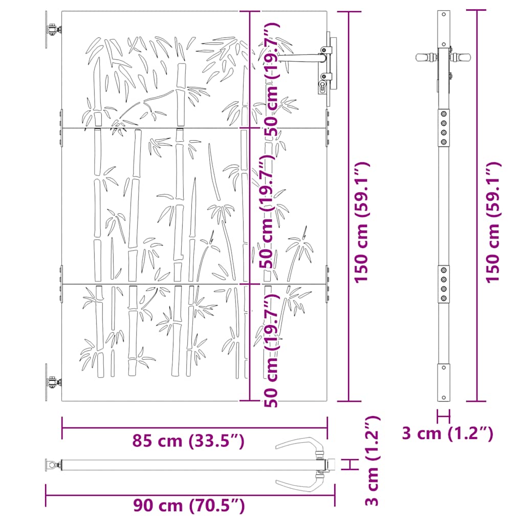 Vrtna vrata 85 x 150 cm od čelika COR-TEN s uzorkom bambusa