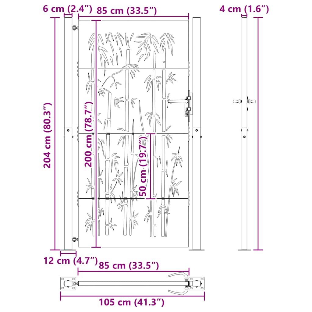 Vrtna vrata 100x200 cm Corten čelik dizajn od bambusa
