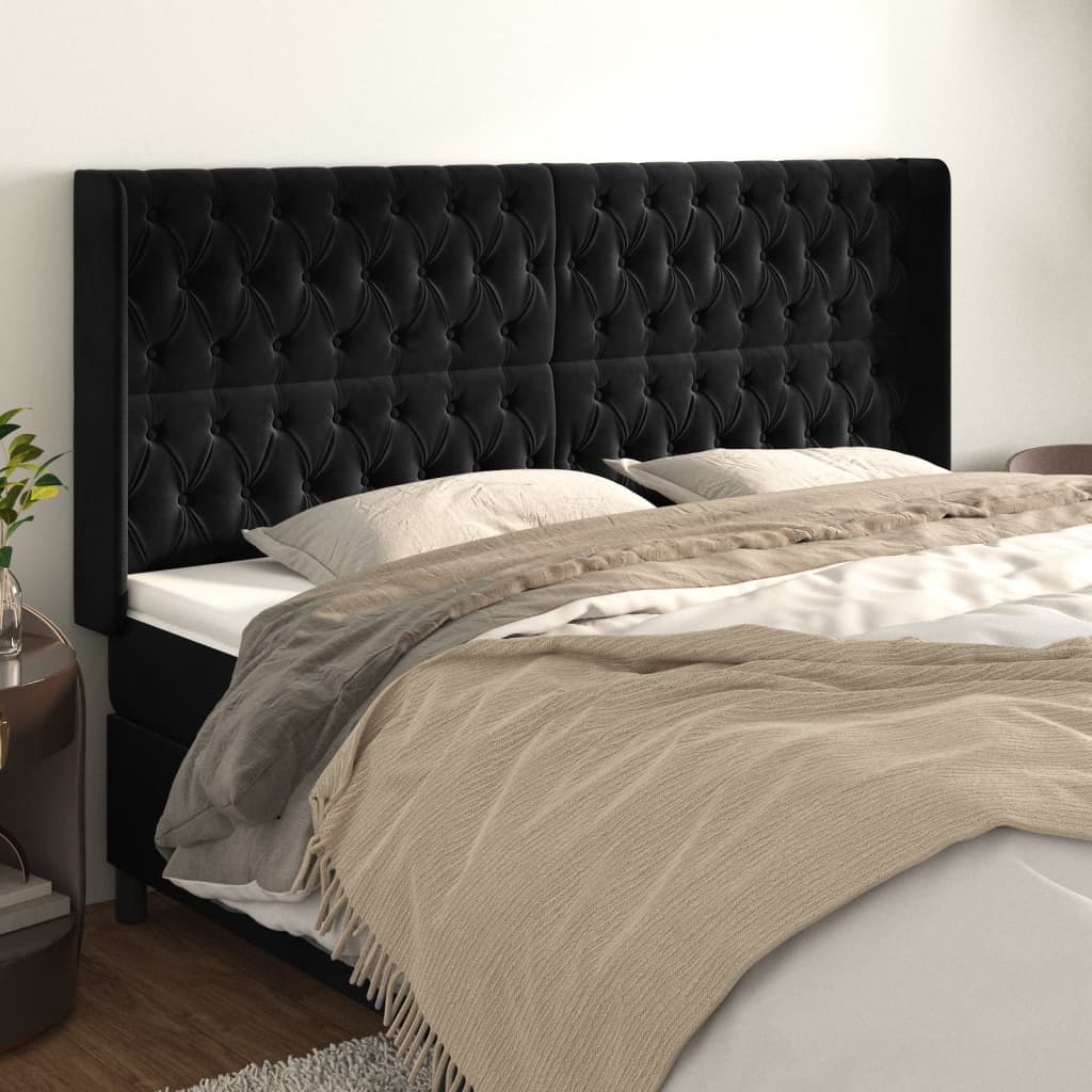 Uzglavlje s ušima crno 203x16x118/128 cm baršunasto