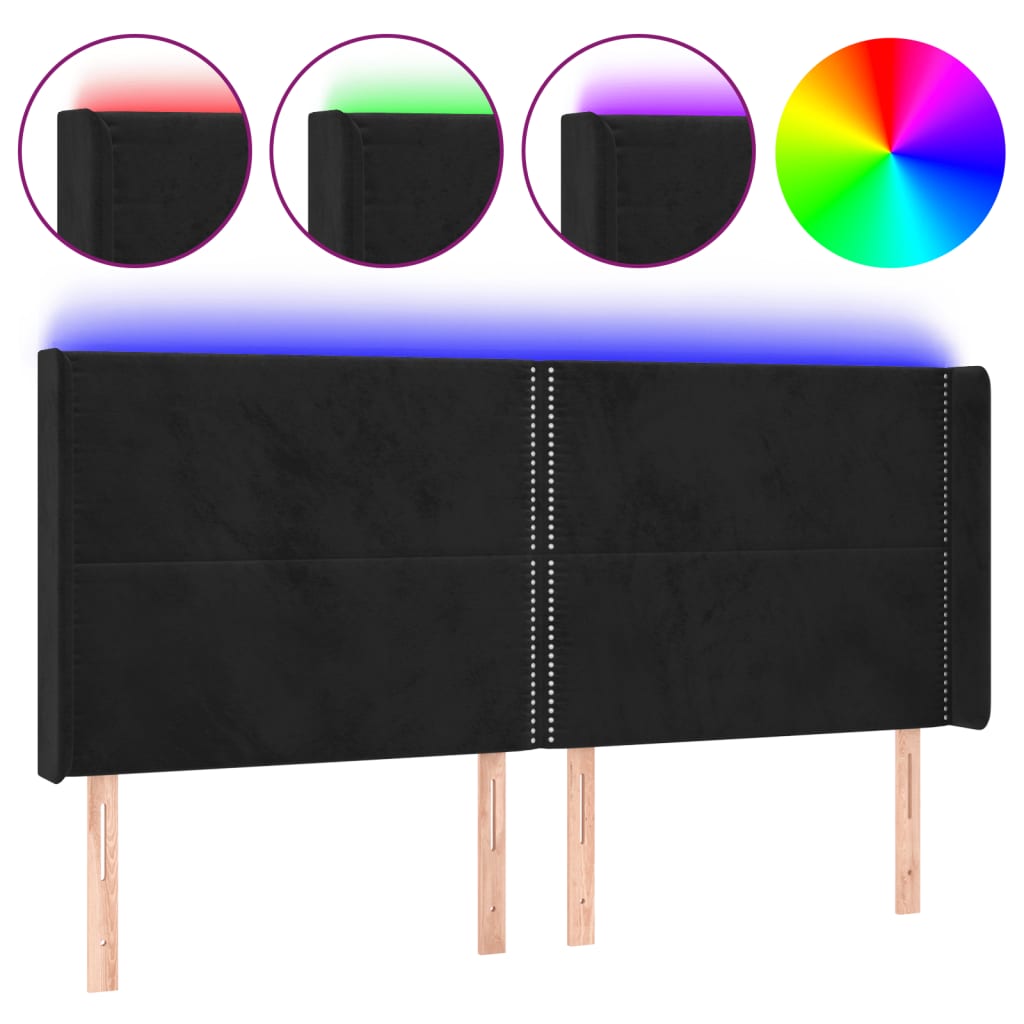 LED uzglavlje crno 203 x 16 x 118/128 cm baršunasto