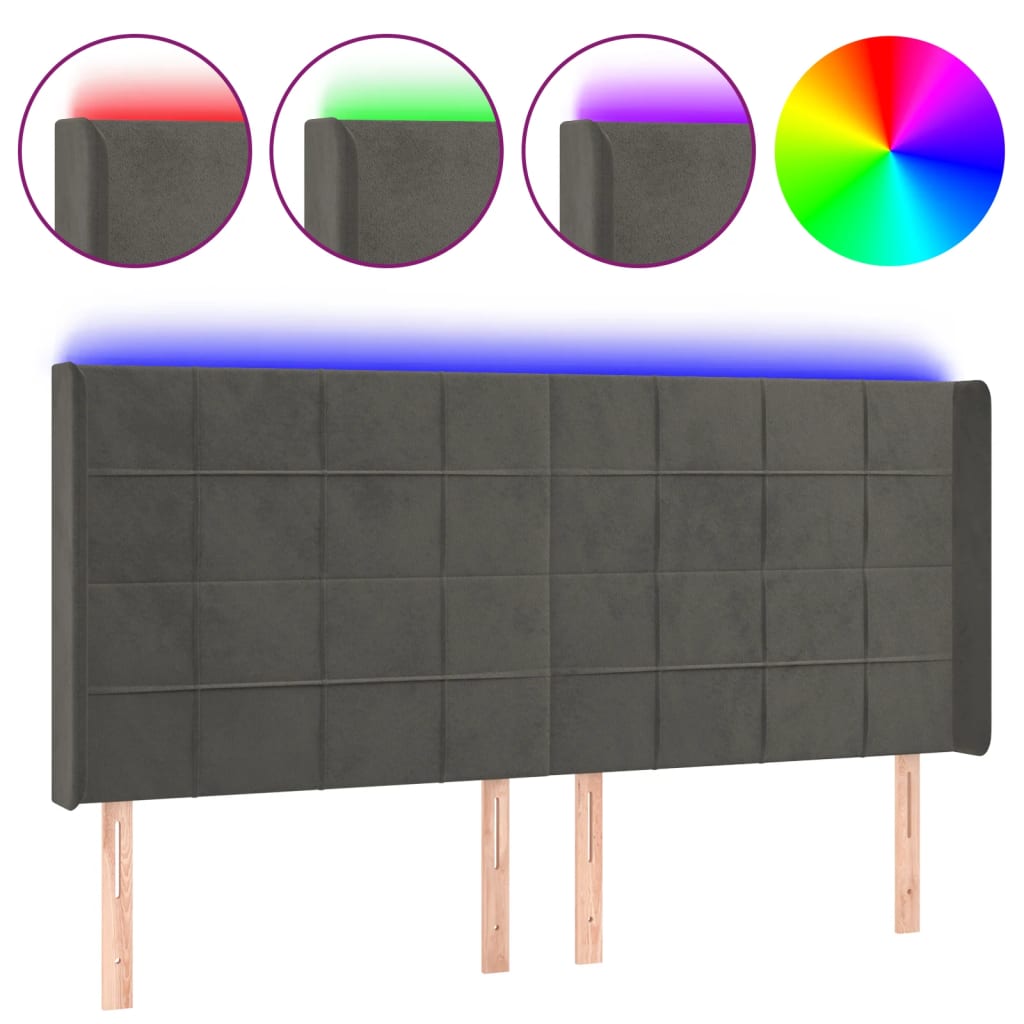 LED uzglavlje tamnosivo 183 x 16 x 118/128 cm baršunasto