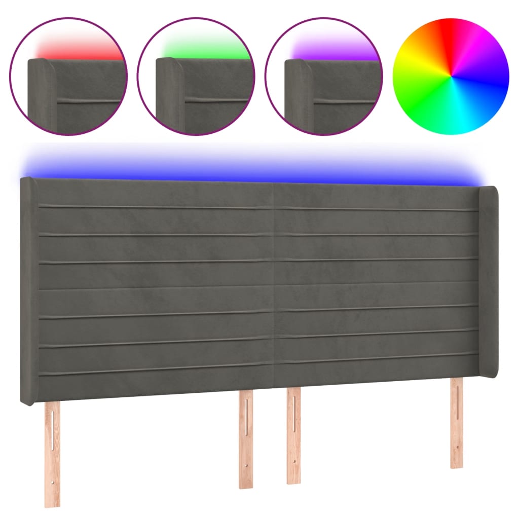 LED uzglavlje tamnosivo 183 x 16 x 118/128 cm baršunasto