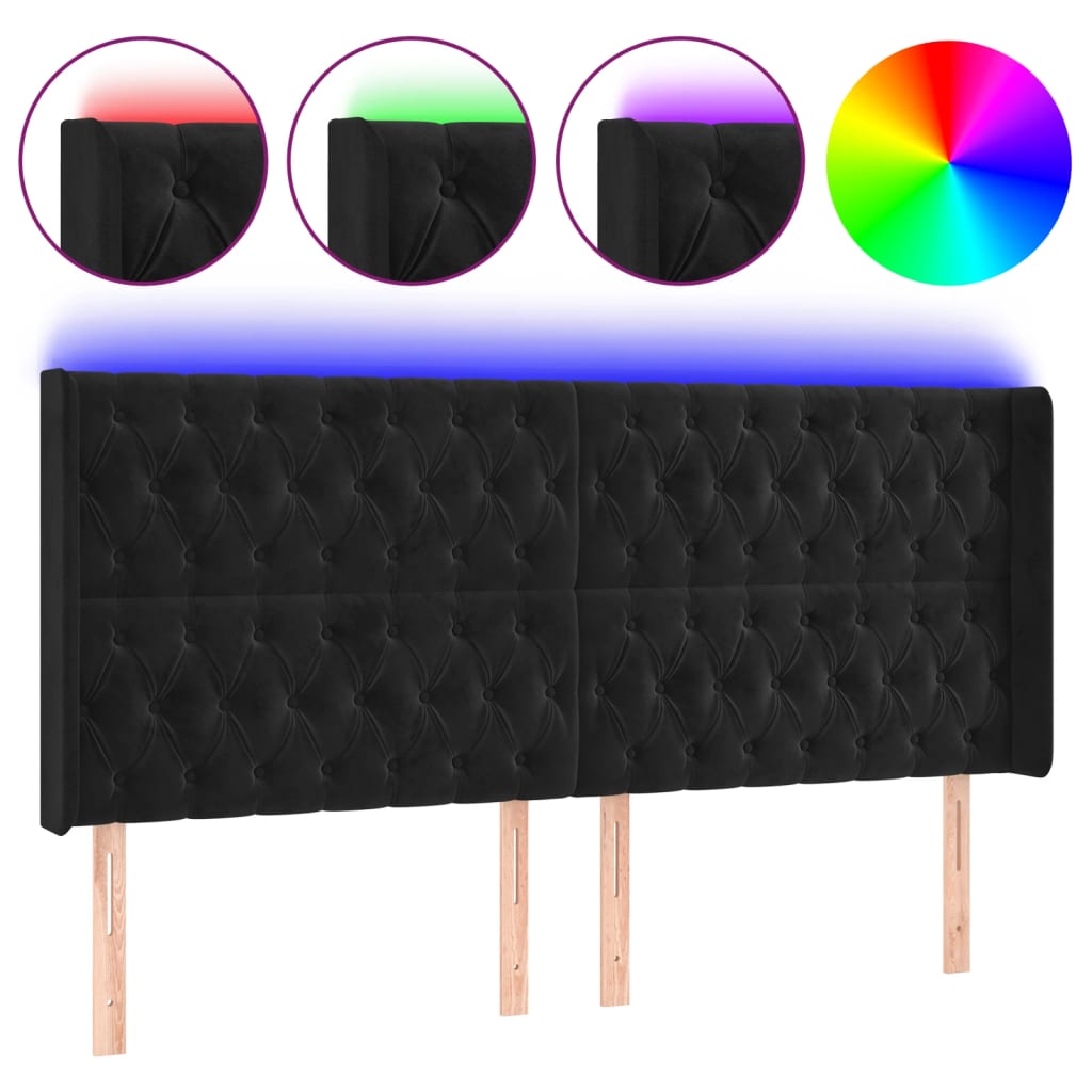 LED uzglavlje crno 203 x 16 x 118/128 cm baršunasto