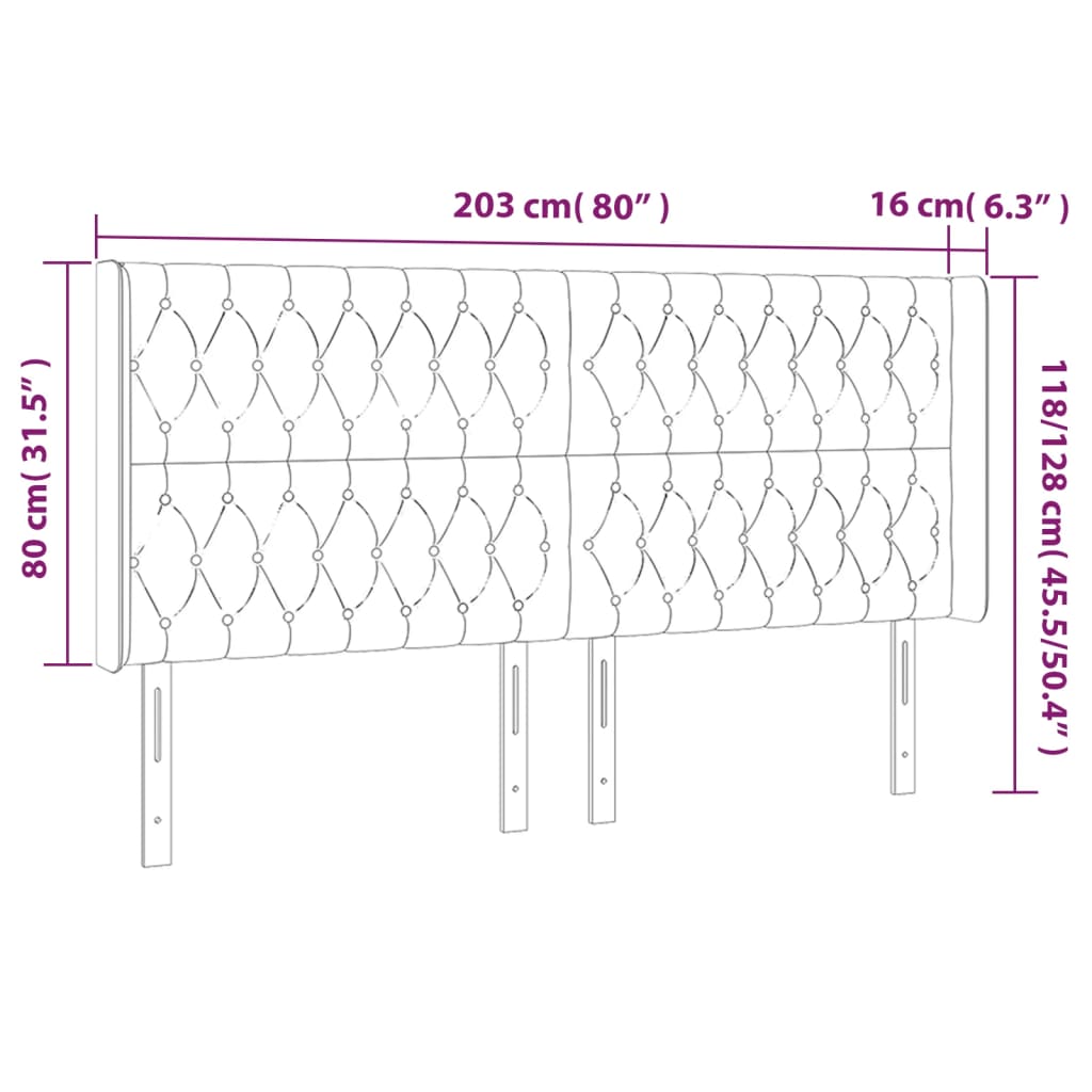 LED uzglavlje crno 203 x 16 x 118/128 cm baršunasto