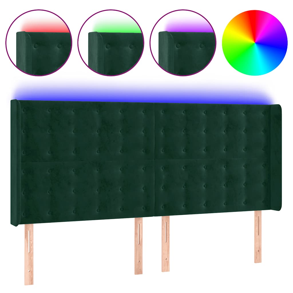 LED uzglavlje tamnozeleno 203 x 16 x 118/128 cm baršunasto
