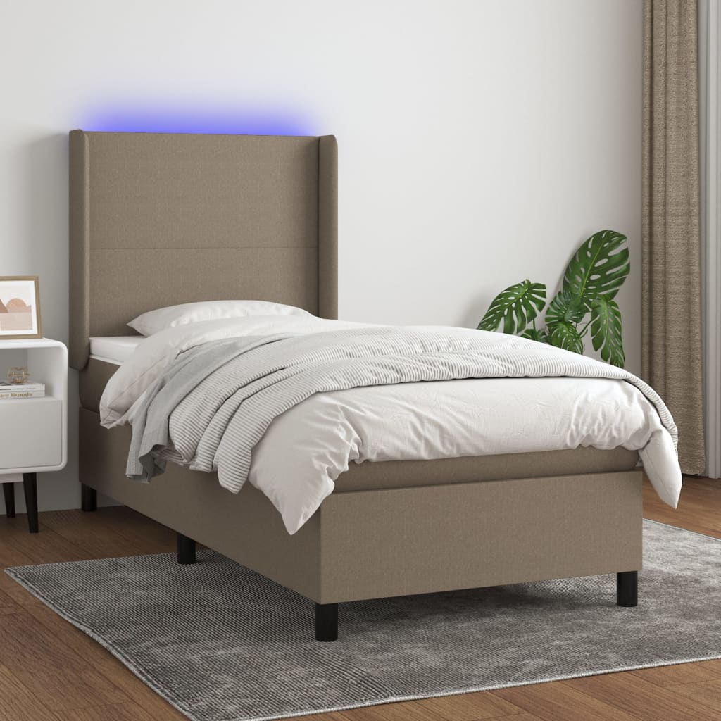 Krevet box spring s madracem LED smeđesivi 90x200 cm tkanina