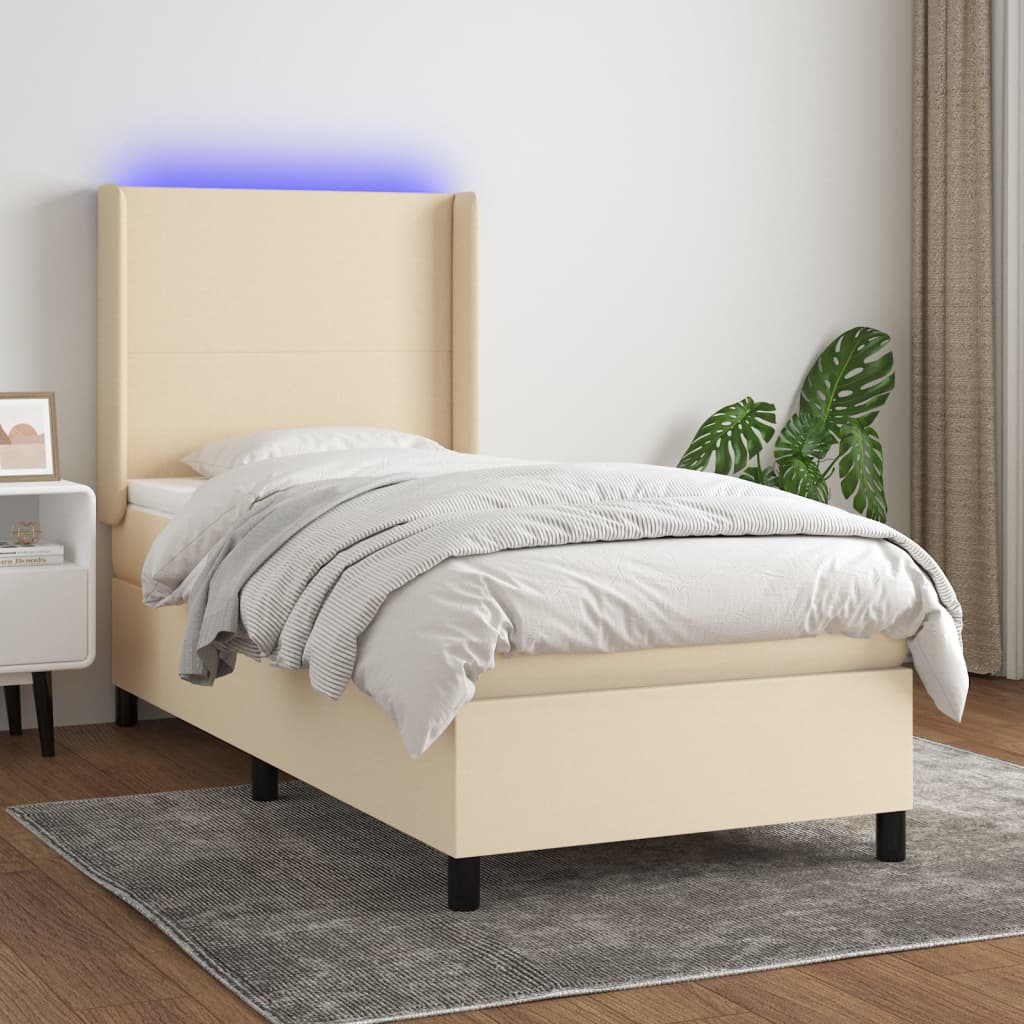 Krevet box spring s madracem LED krem 100x200 cm od tkanine