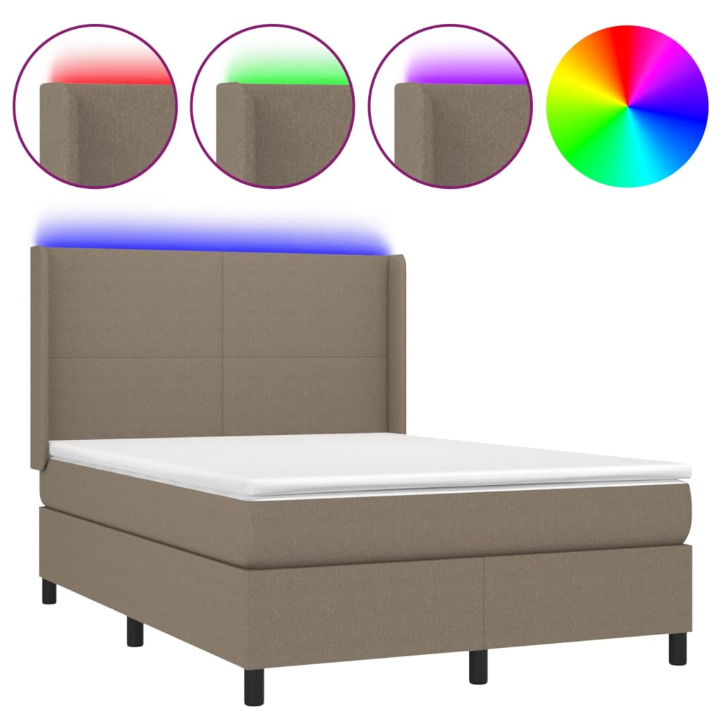 Krevet box spring s madracem LED smeđesivi 140x190 cm tkanina