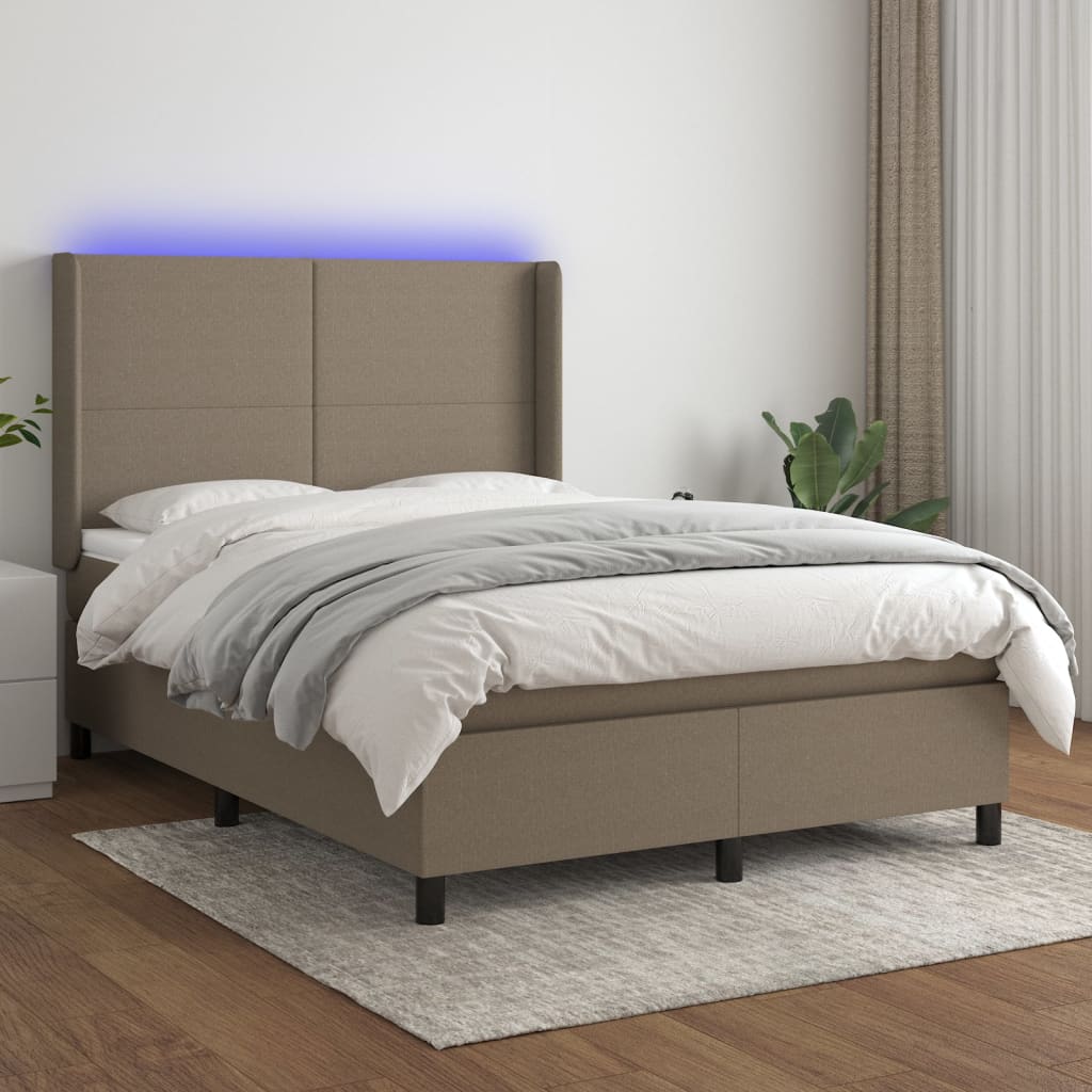 Krevet box spring s madracem LED smeđesivi 140x200 cm tkanina