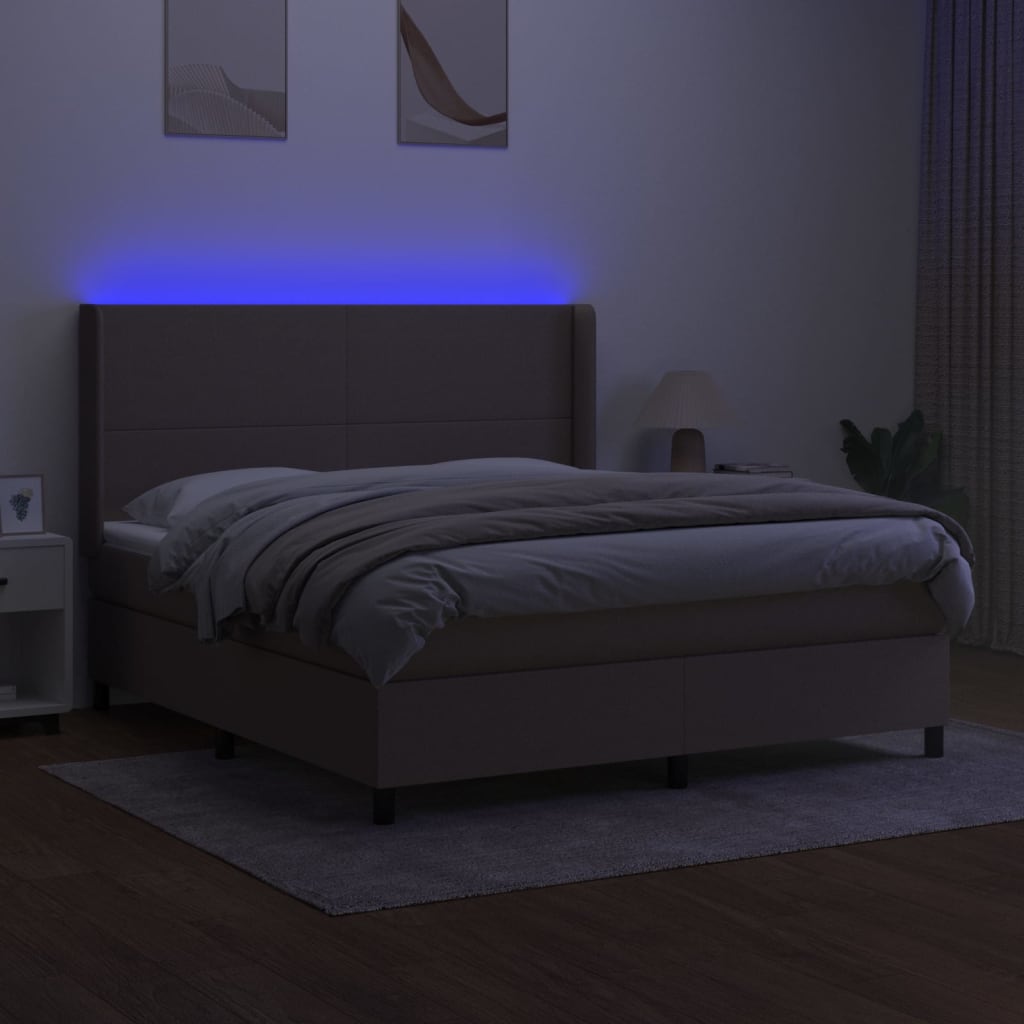 Krevet box spring s madracem LED smeđesivi 160x200 cm tkanina