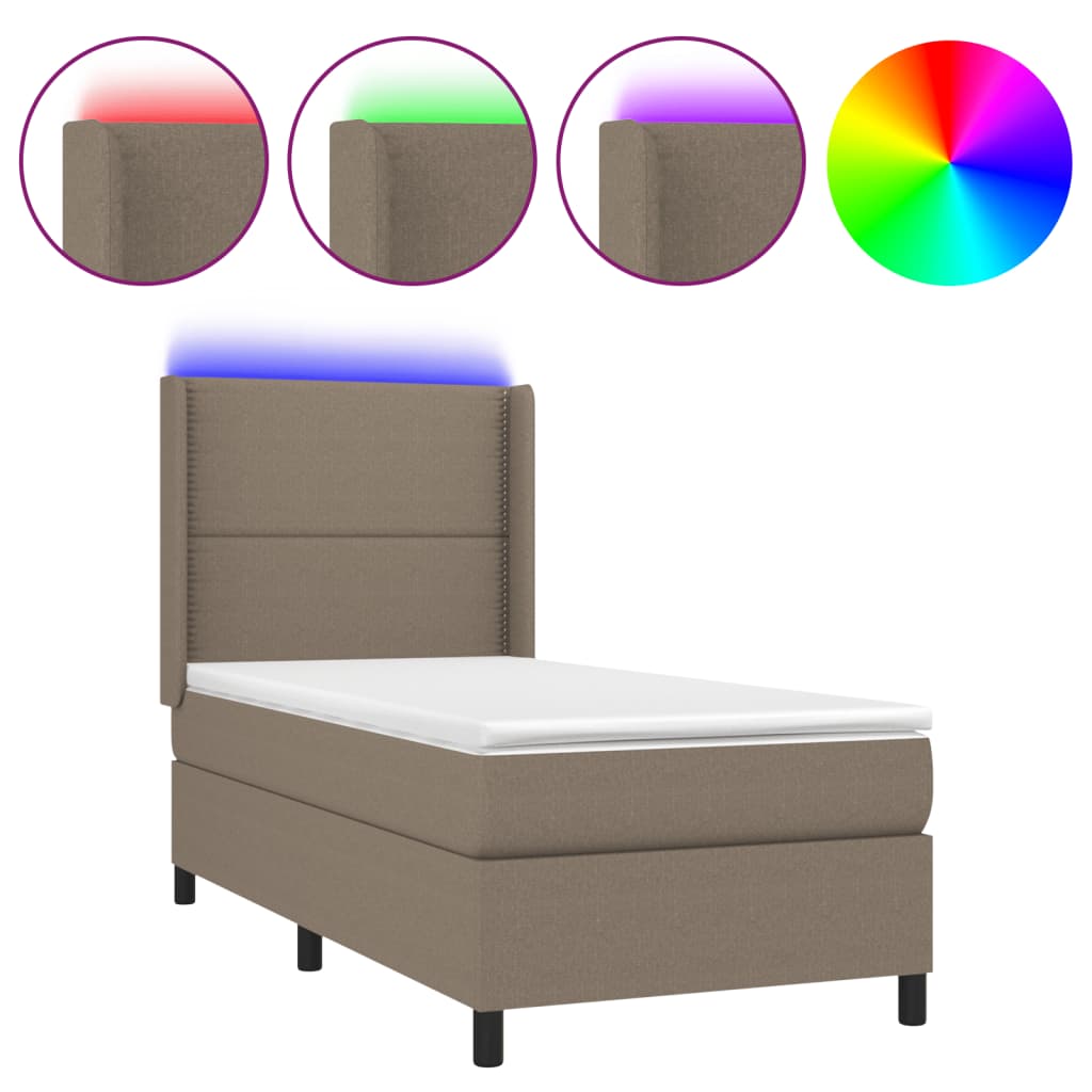 Krevet box spring s madracem LED smeđesivi 90x190 cm tkanina