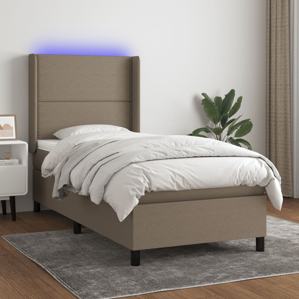 Krevet box spring s madracem LED smeđesivi 90x190 cm tkanina
