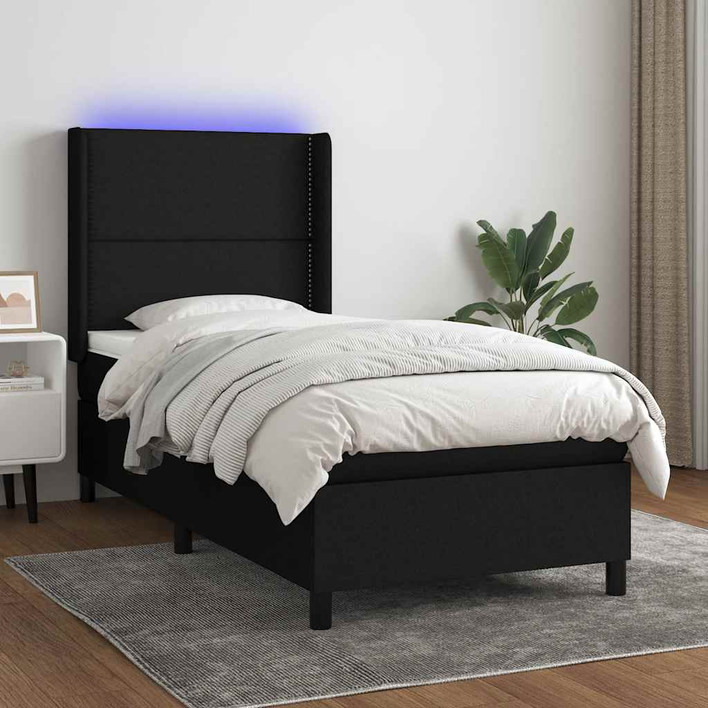 Krevet box spring s madracem LED crni 100x200 cm od tkanine