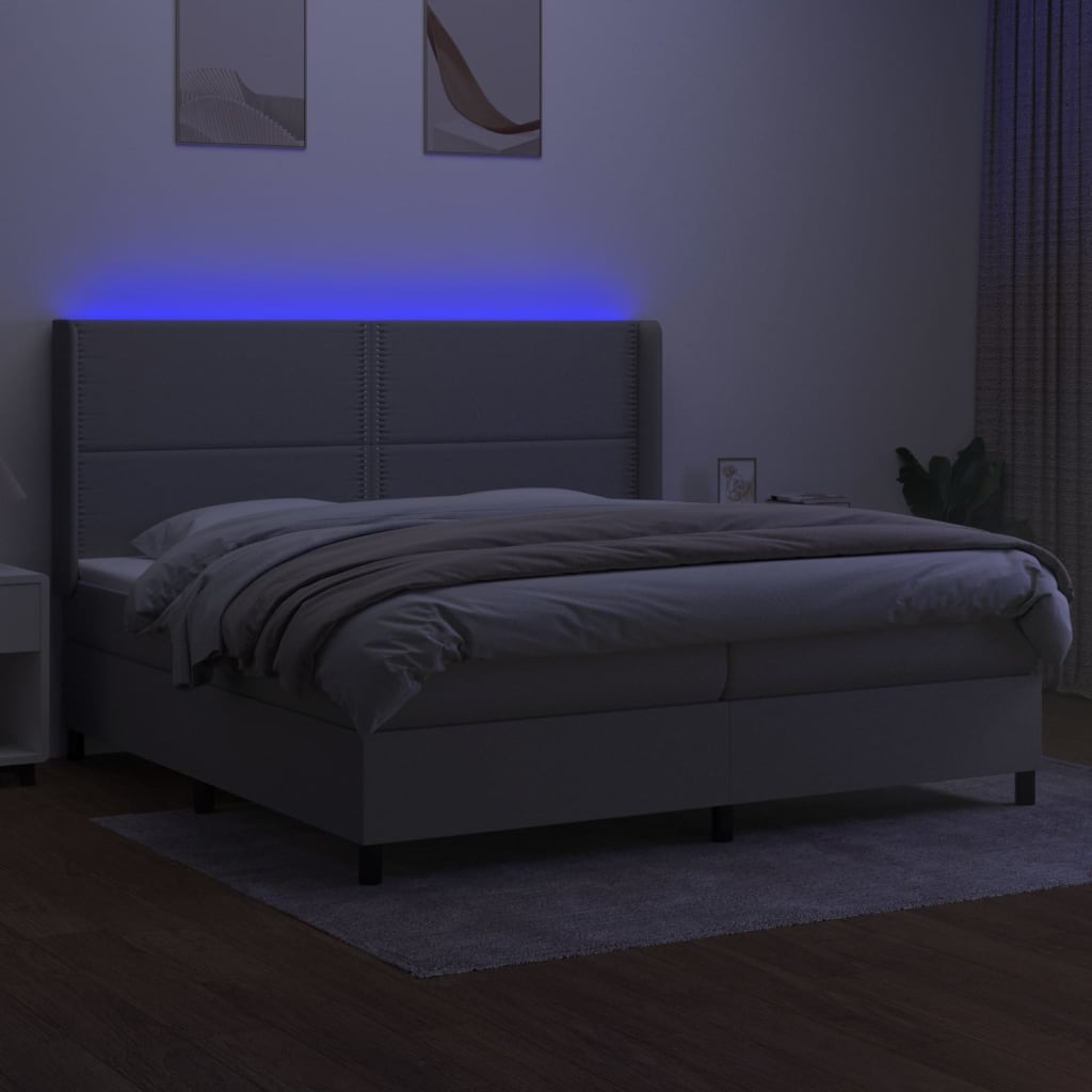 Krevet box spring s madracem LED svjetlosivi 200x200 cm tkanina