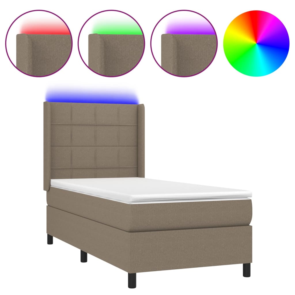Krevet box spring s madracem LED smeđesivi 90x190 cm tkanina