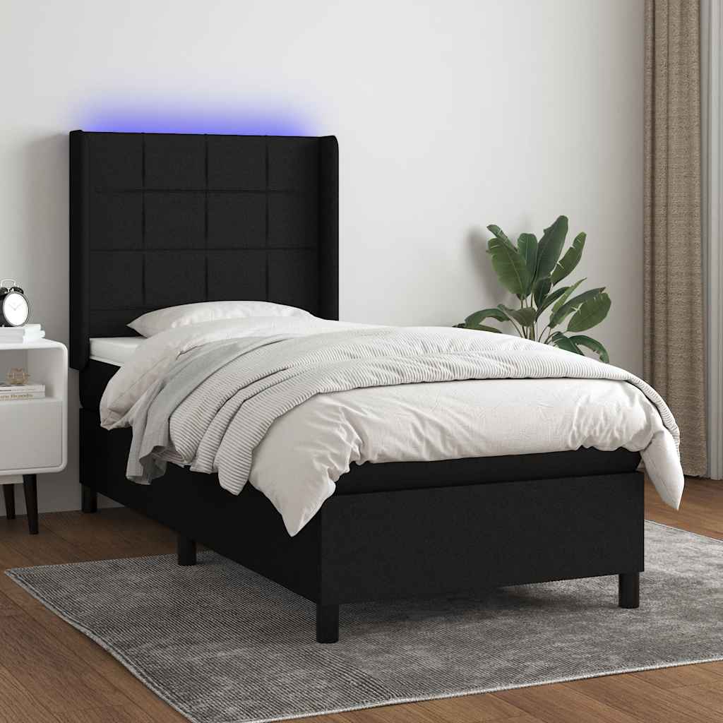 Krevet box spring s madracem LED crni 90x200 cm od tkanine