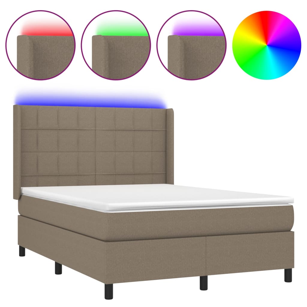 Krevet box spring s madracem LED smeđesivi 140x190 cm tkanina