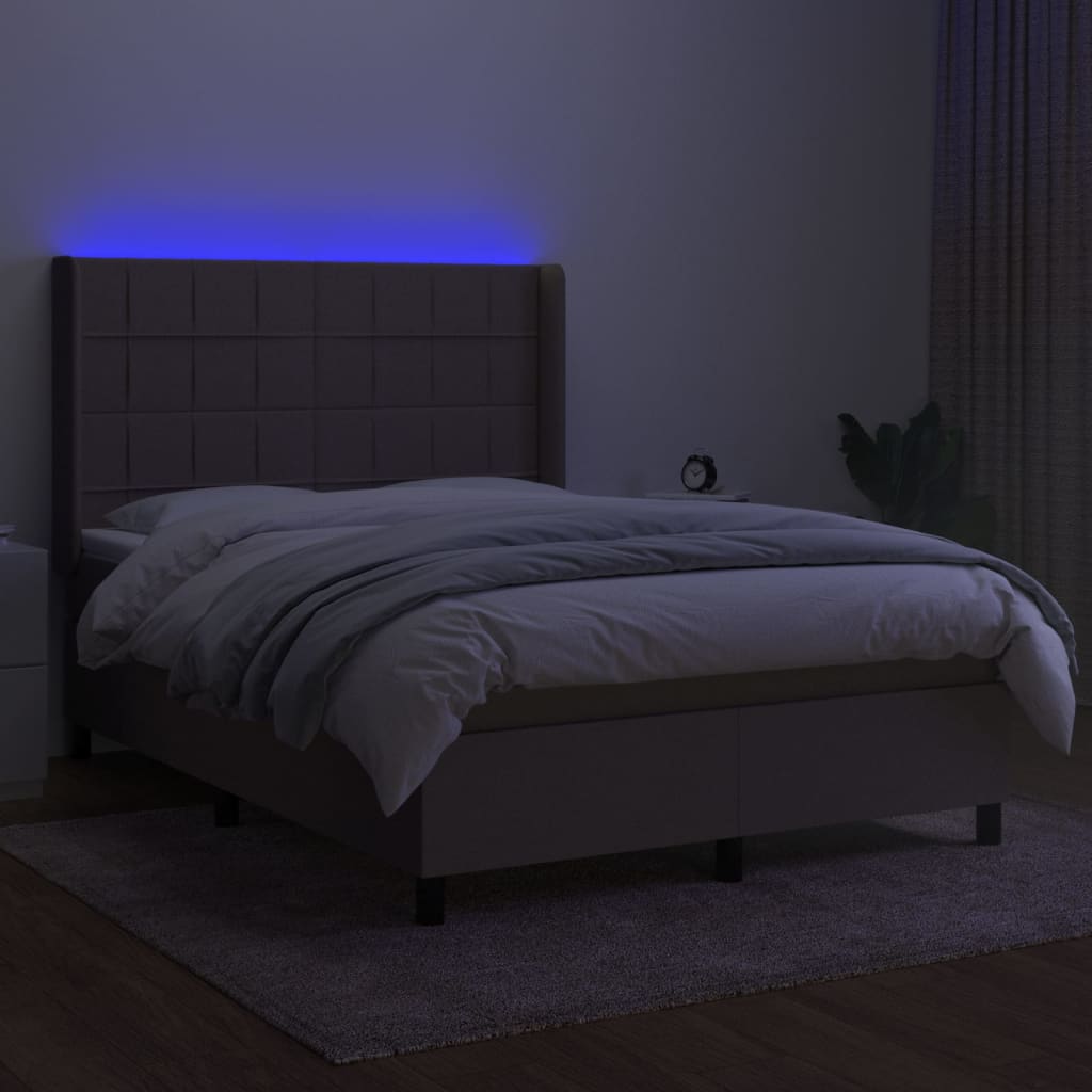 Krevet box spring s madracem LED smeđesivi 140x190 cm tkanina