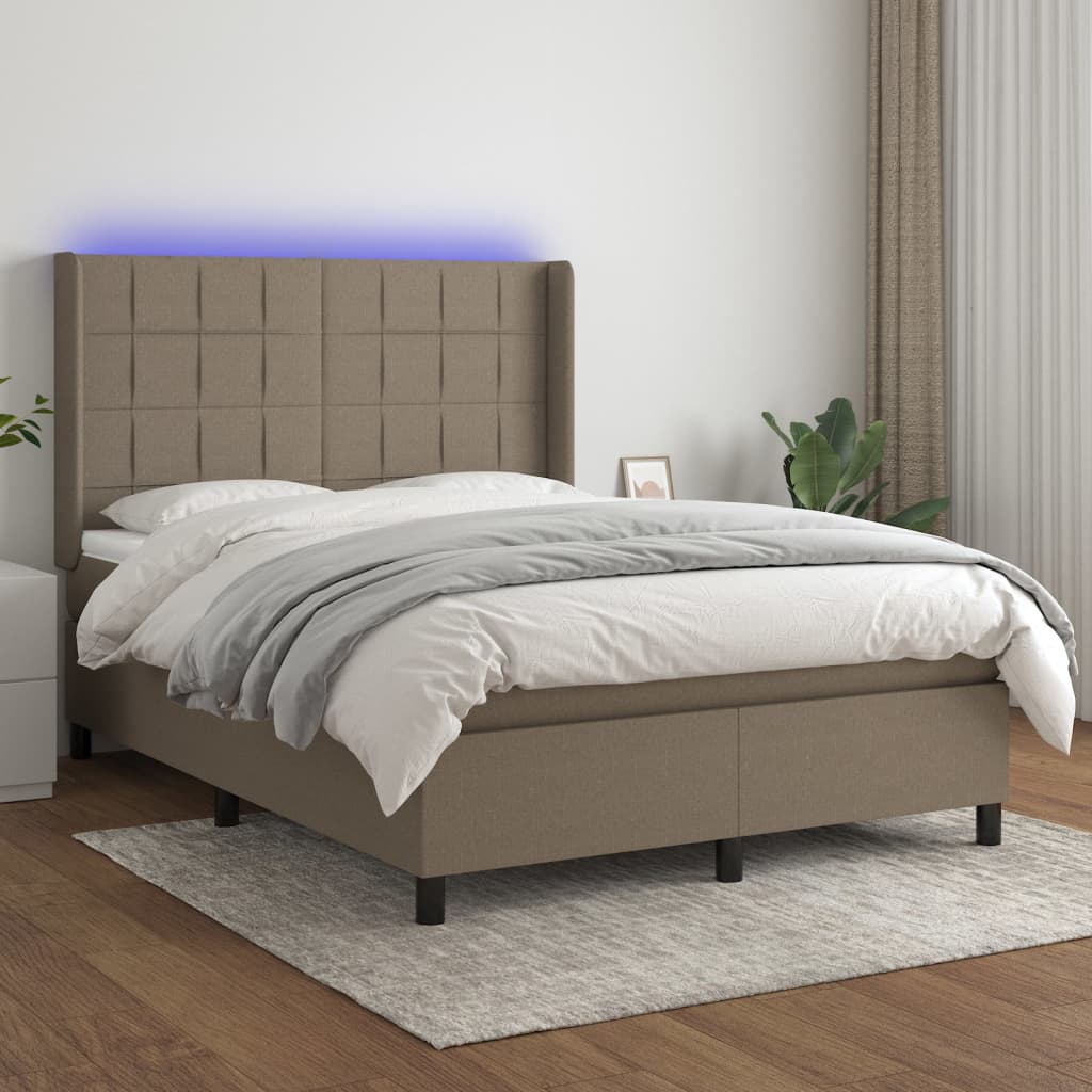 Krevet box spring s madracem LED smeđesivi 140x200 cm tkanina