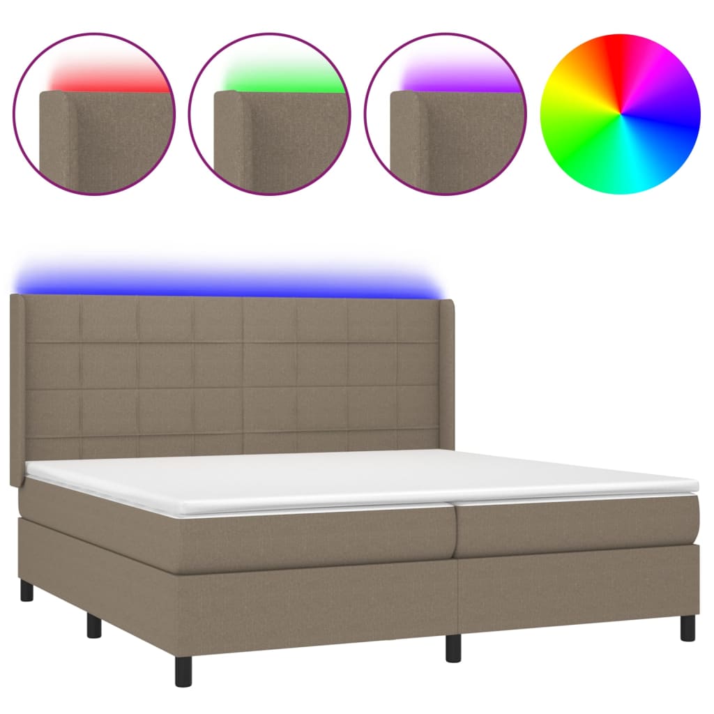 Krevet box spring s madracem LED smeđesivi 200x200 cm tkanina