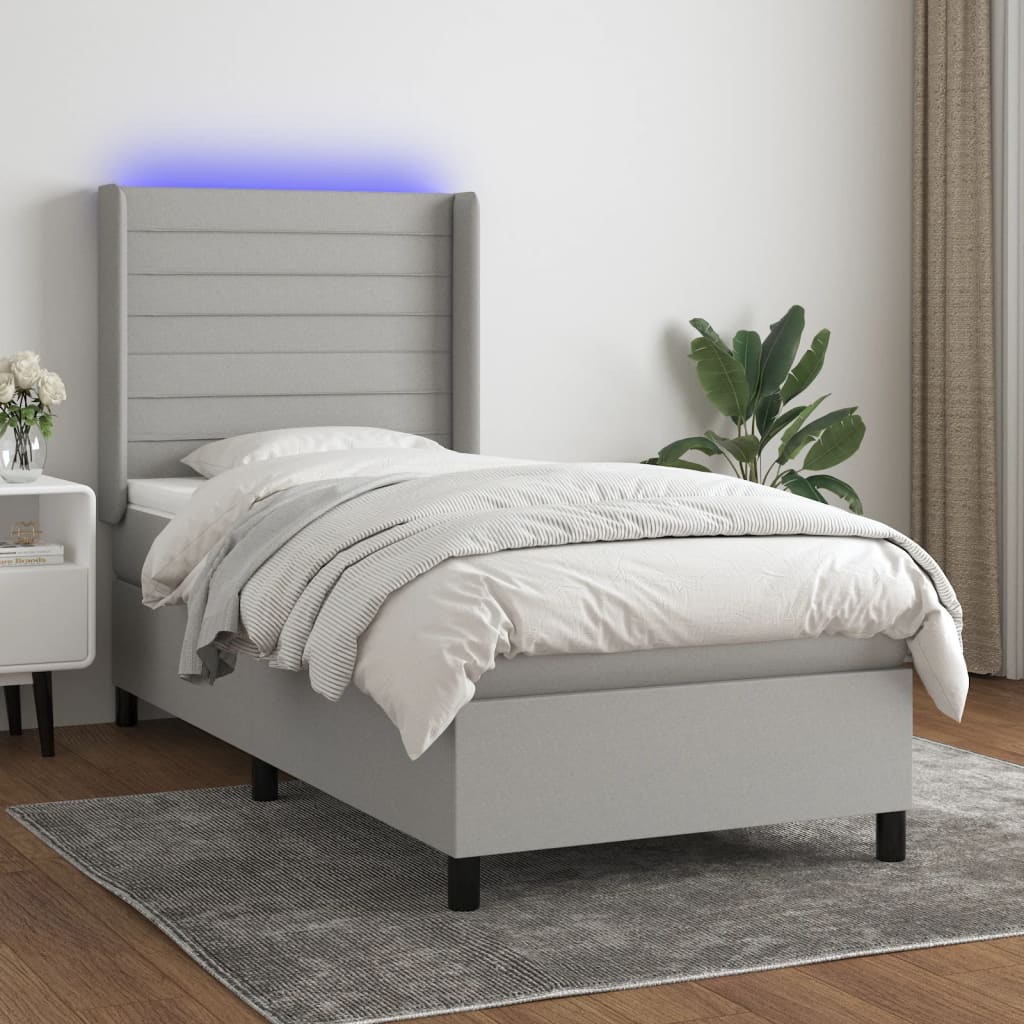 Krevet box spring s madracem LED svjetlosivi 90x190 cm tkanina