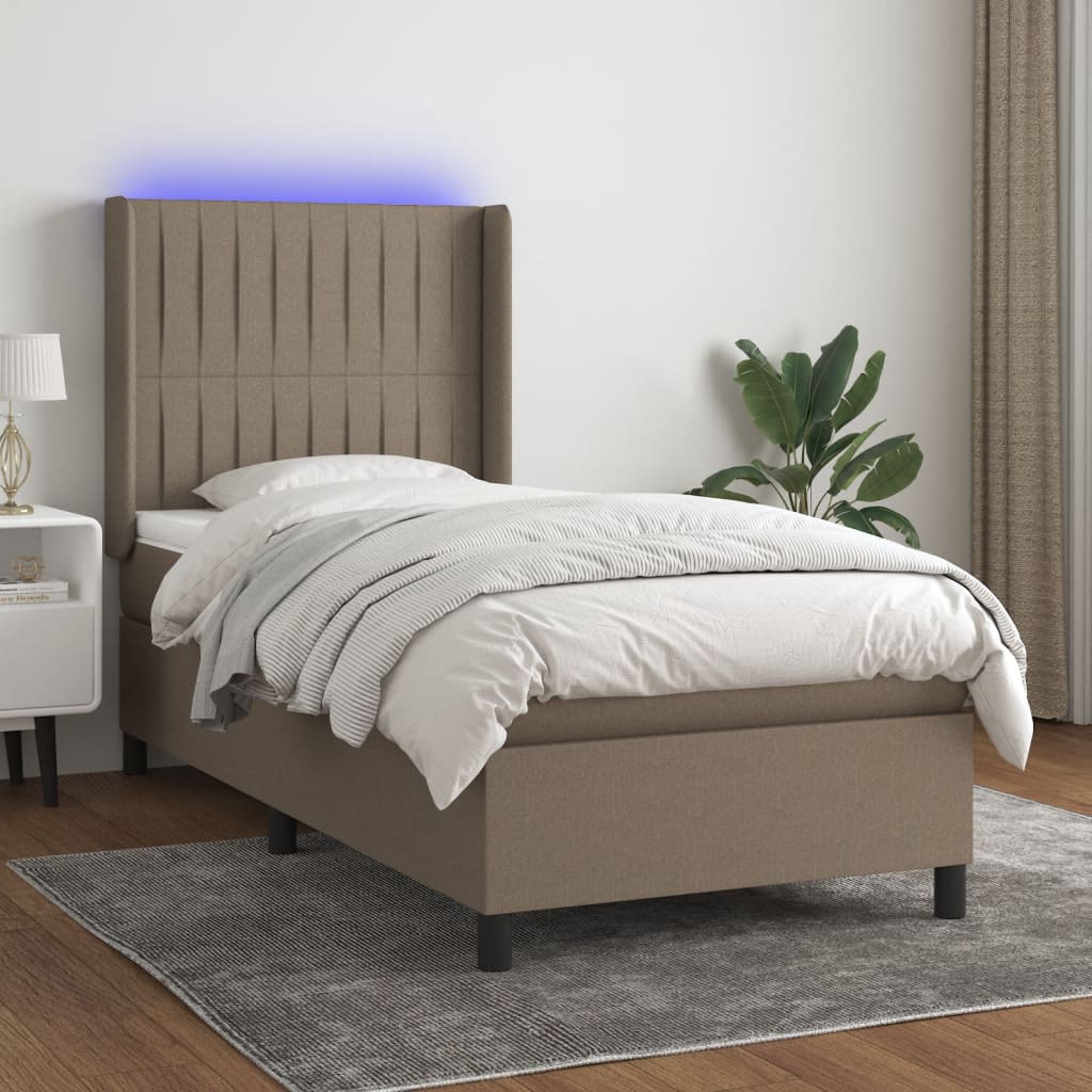 Krevet box spring s madracem LED smeđesivi 90x190 cm tkanina
