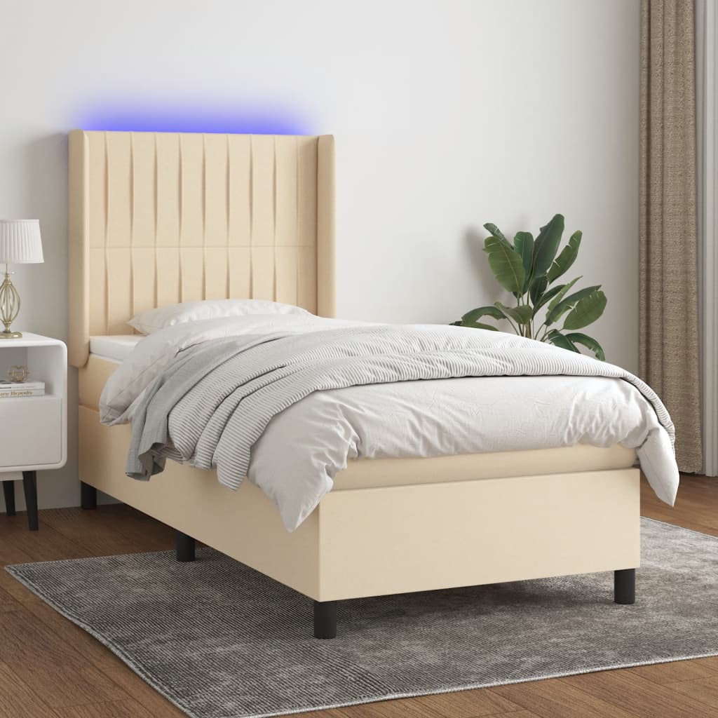 Krevet box spring s madracem LED krem 90x200 cm od tkanine