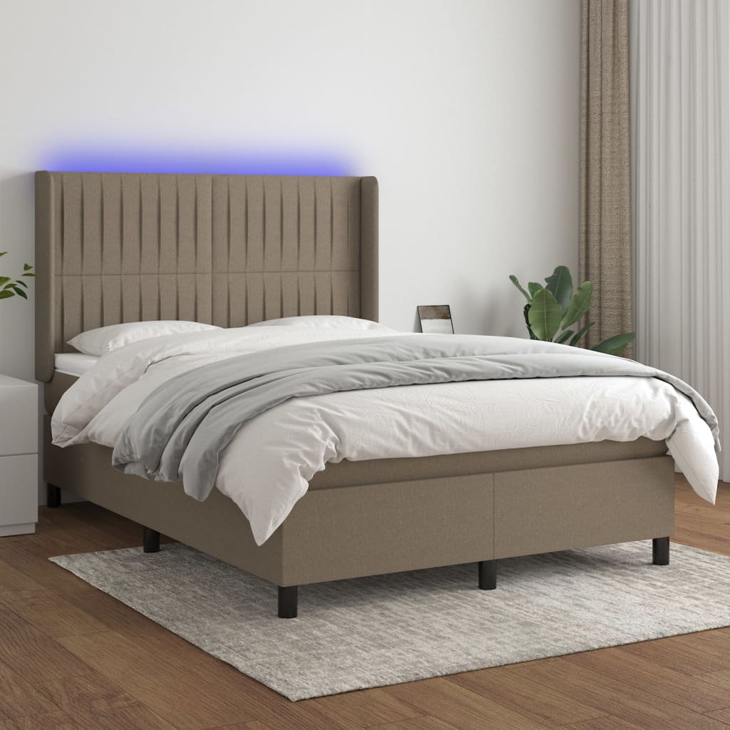 Krevet box spring s madracem LED smeđesivi 140x200 cm tkanina