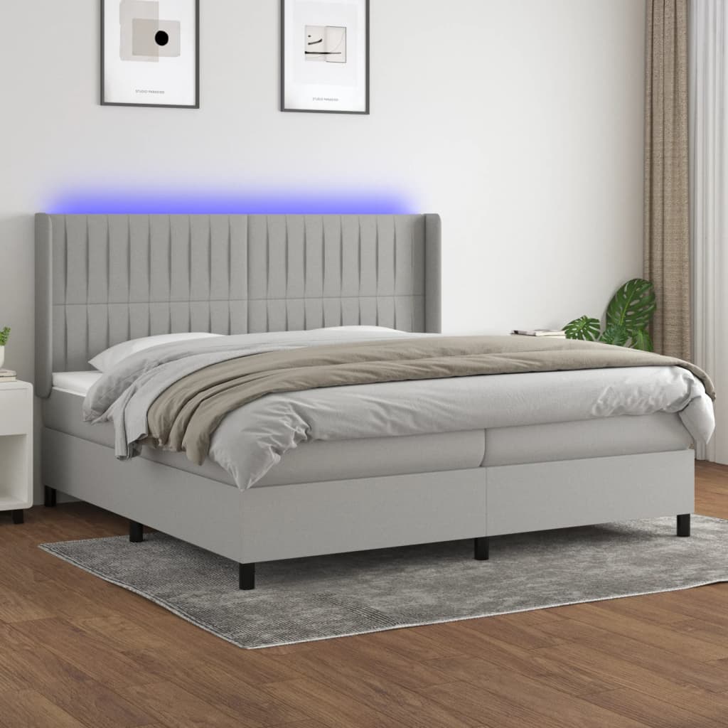 Krevet box spring s madracem LED svjetlosivi 200x200 cm tkanina