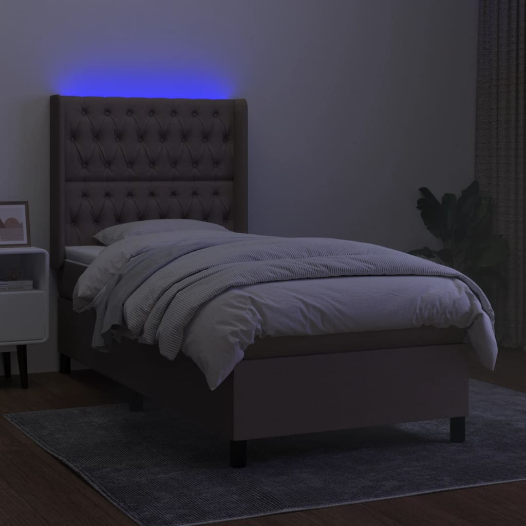 Krevet box spring s madracem LED smeđesivi 90x190 cm tkanina