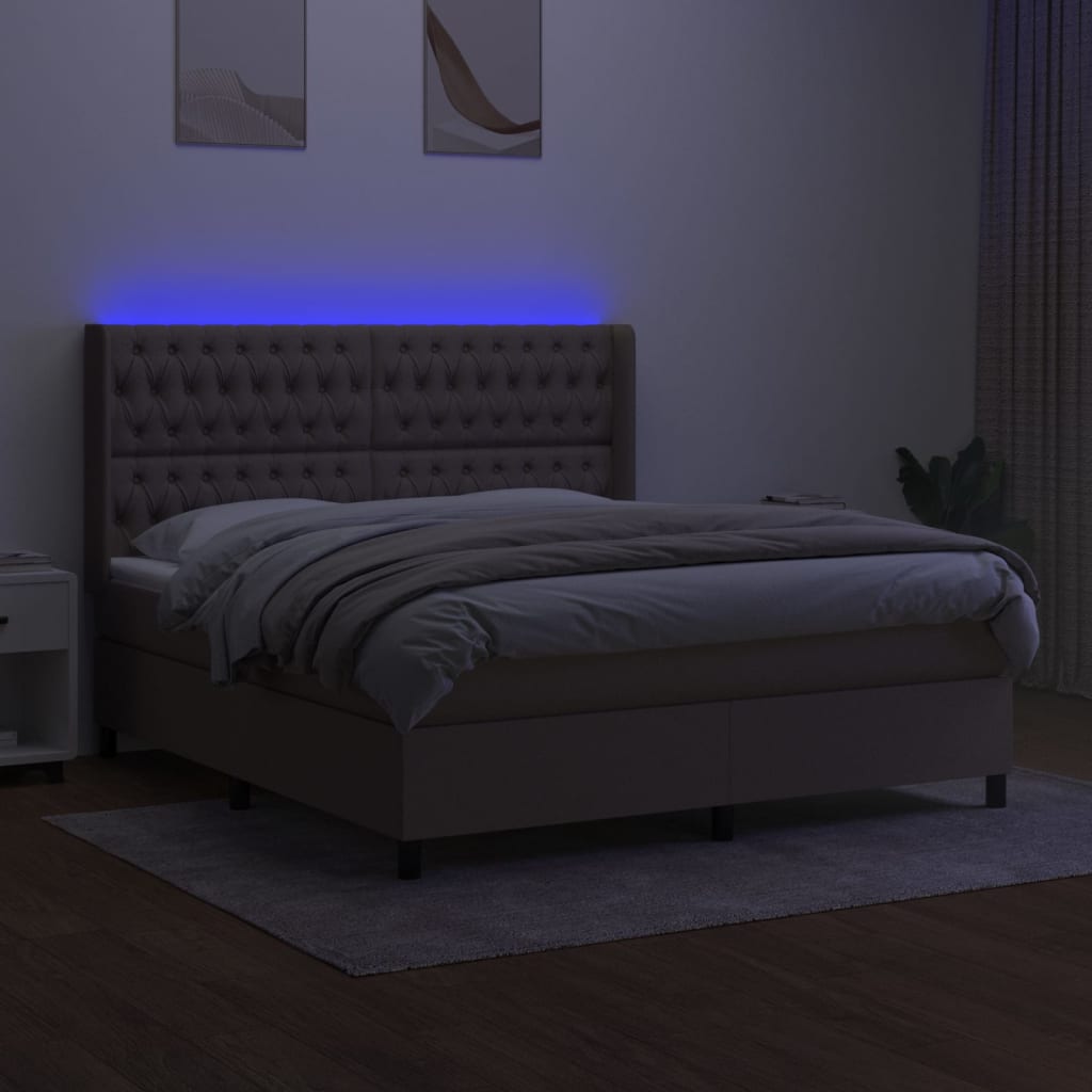 Krevet box spring s madracem LED smeđesivi 160x200 cm tkanina