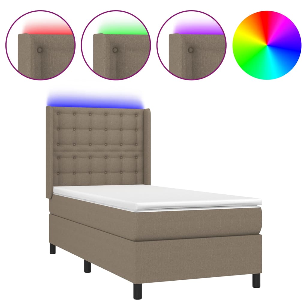 Krevet box spring s madracem LED smeđesivi 90x190 cm tkanina