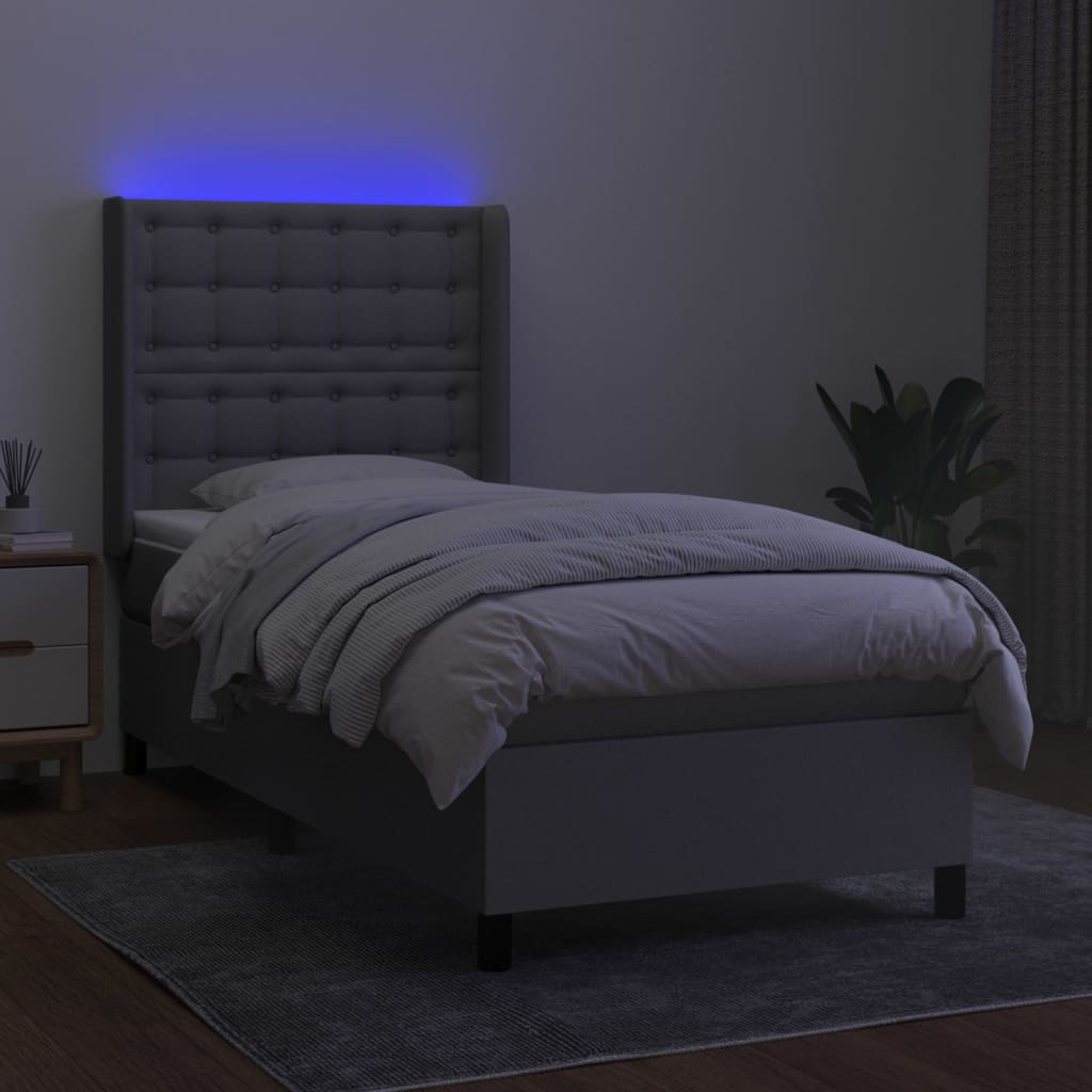 Krevet box spring s madracem LED svjetlosivi 90x200 cm tkanina