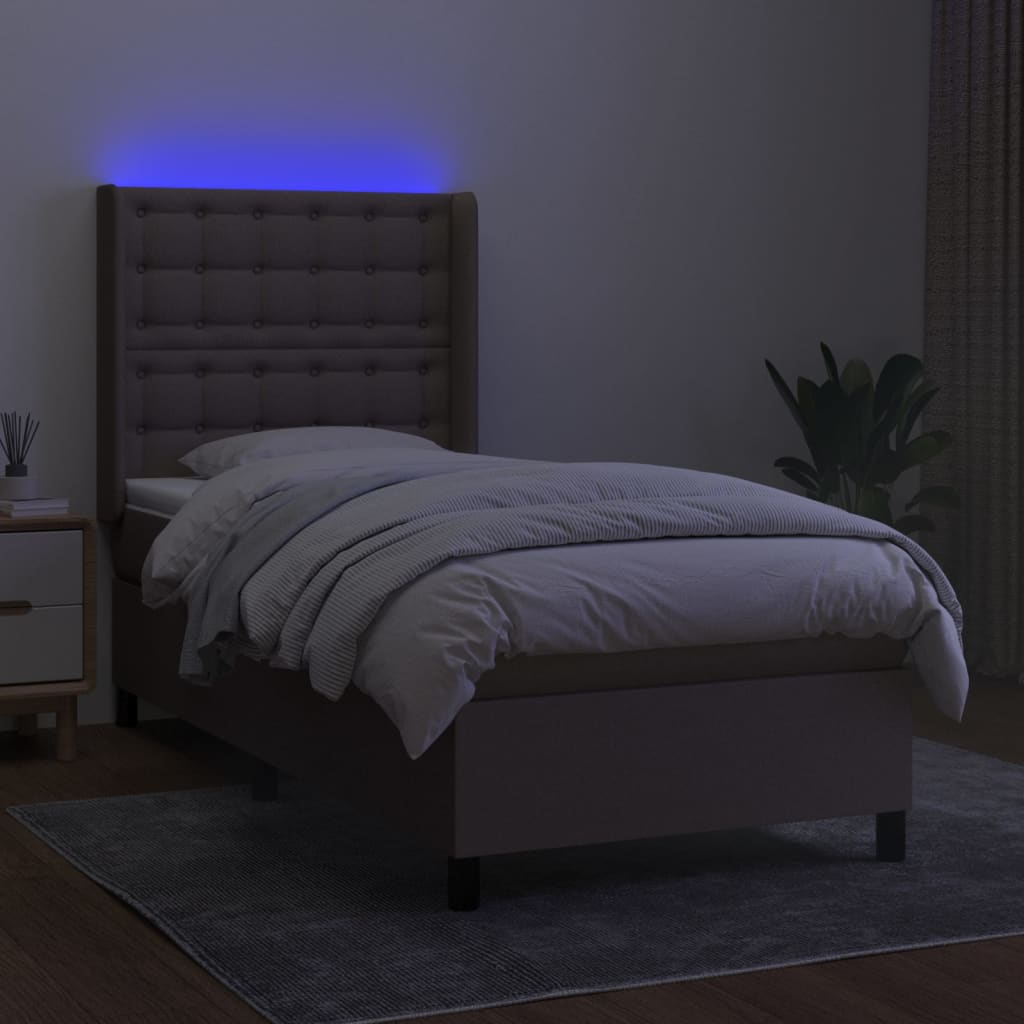 Krevet box spring s madracem LED smeđesivi 100x200 cm tkanina