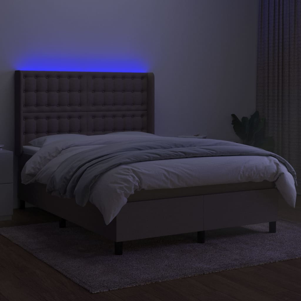 Krevet box spring s madracem LED smeđesivi 140x190 cm tkanina