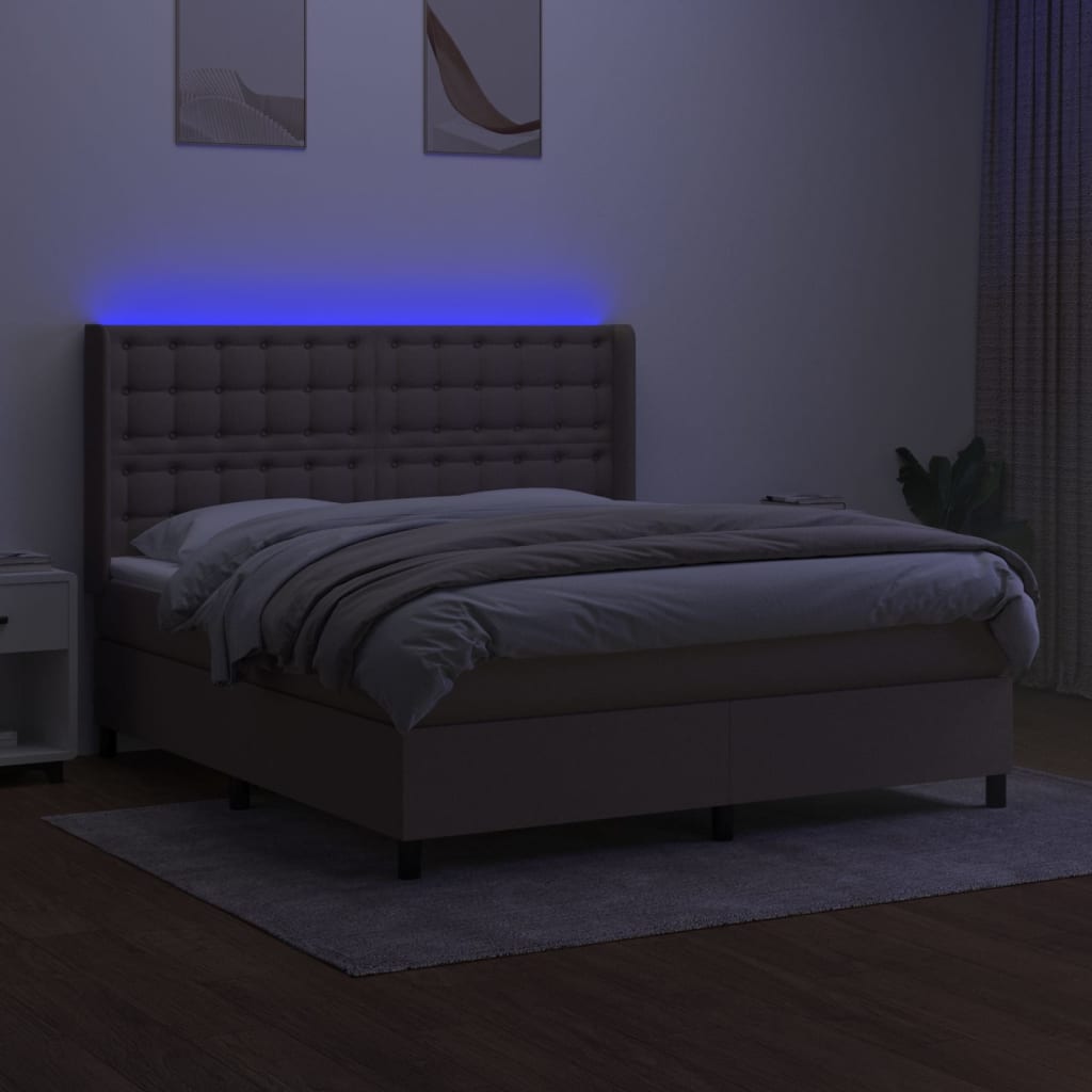 Krevet box spring s madracem LED smeđesivi 160x200 cm tkanina