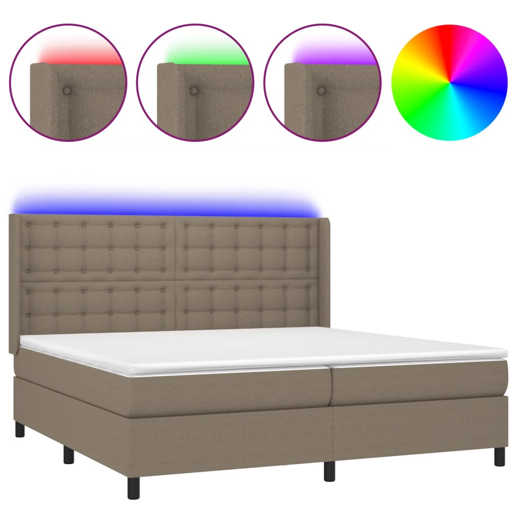 Krevet box spring s madracem LED smeđesivi 200x200 cm tkanina