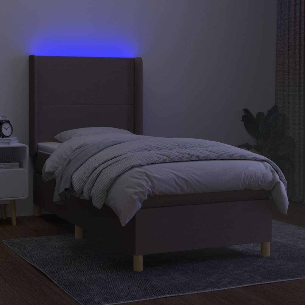 Krevet box spring s madracem LED smeđesivi 90x190 cm tkanina