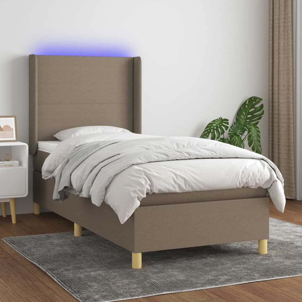 Krevet box spring s madracem LED smeđesivi 90x190 cm tkanina