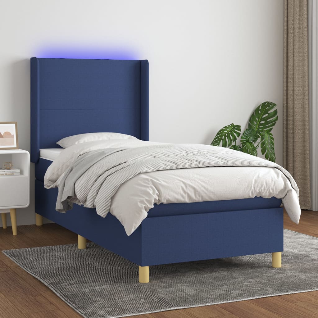 Krevet box spring s madracem LED plavi 90x200 cm od tkanine