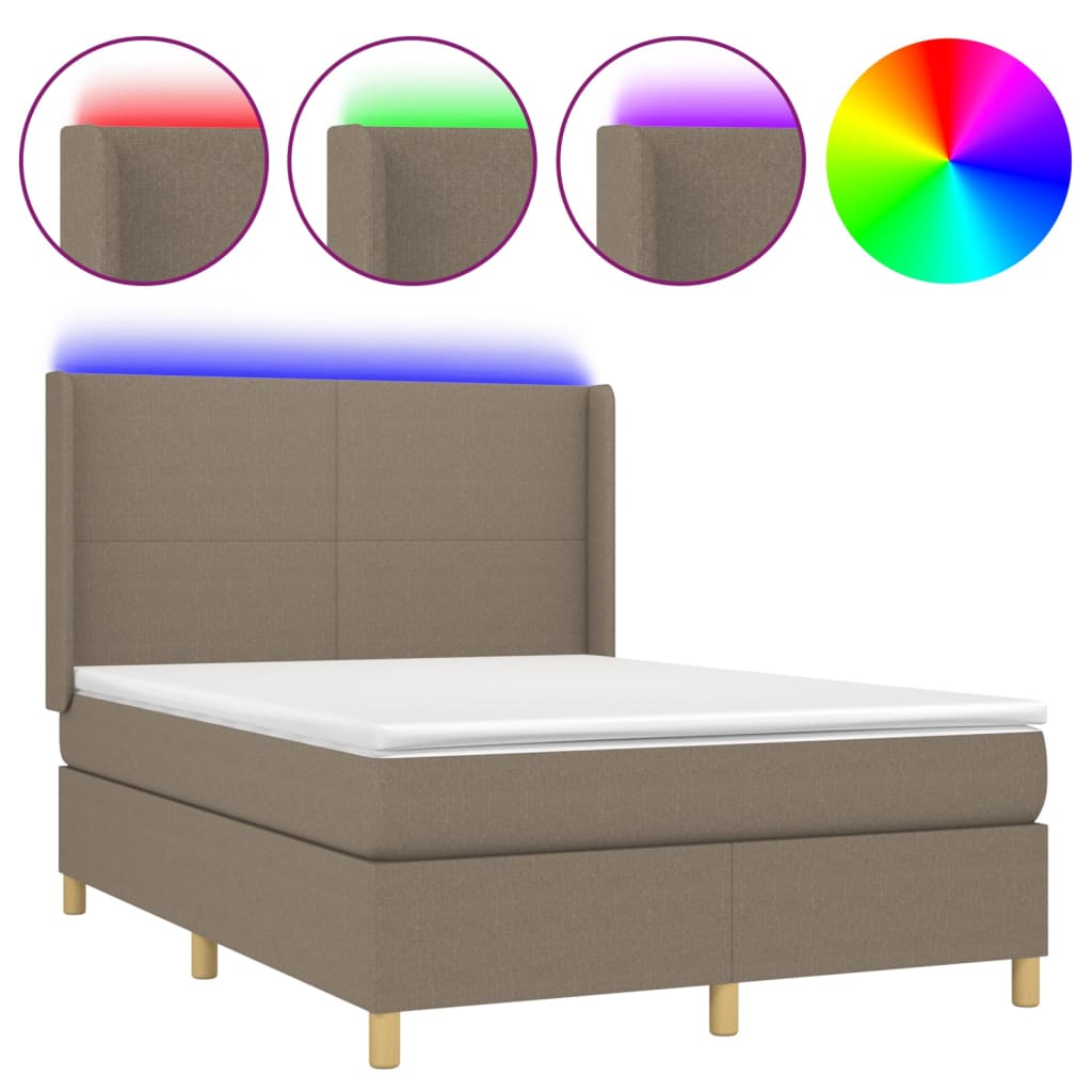 Krevet box spring s madracem LED smeđesivi 140x200 cm tkanina