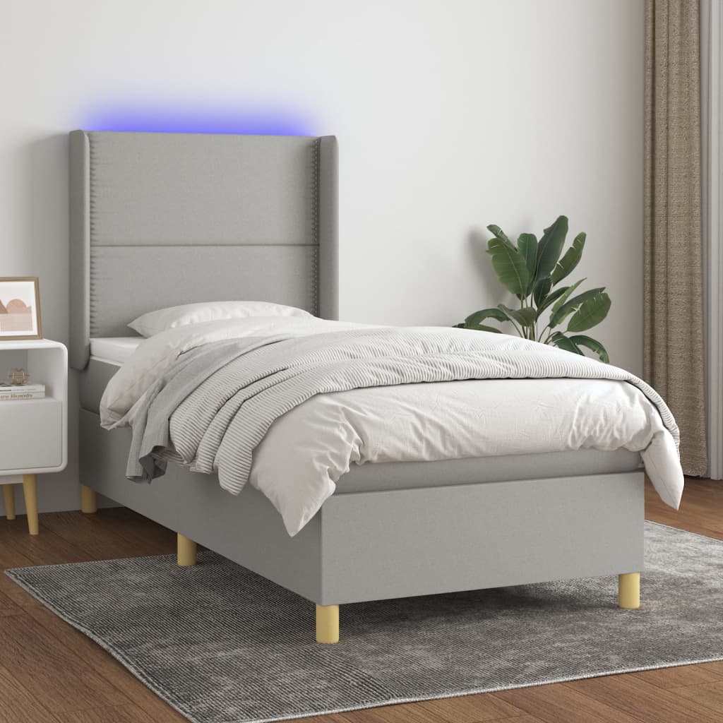Krevet box spring s madracem LED svjetlosivi 90x190 cm tkanina