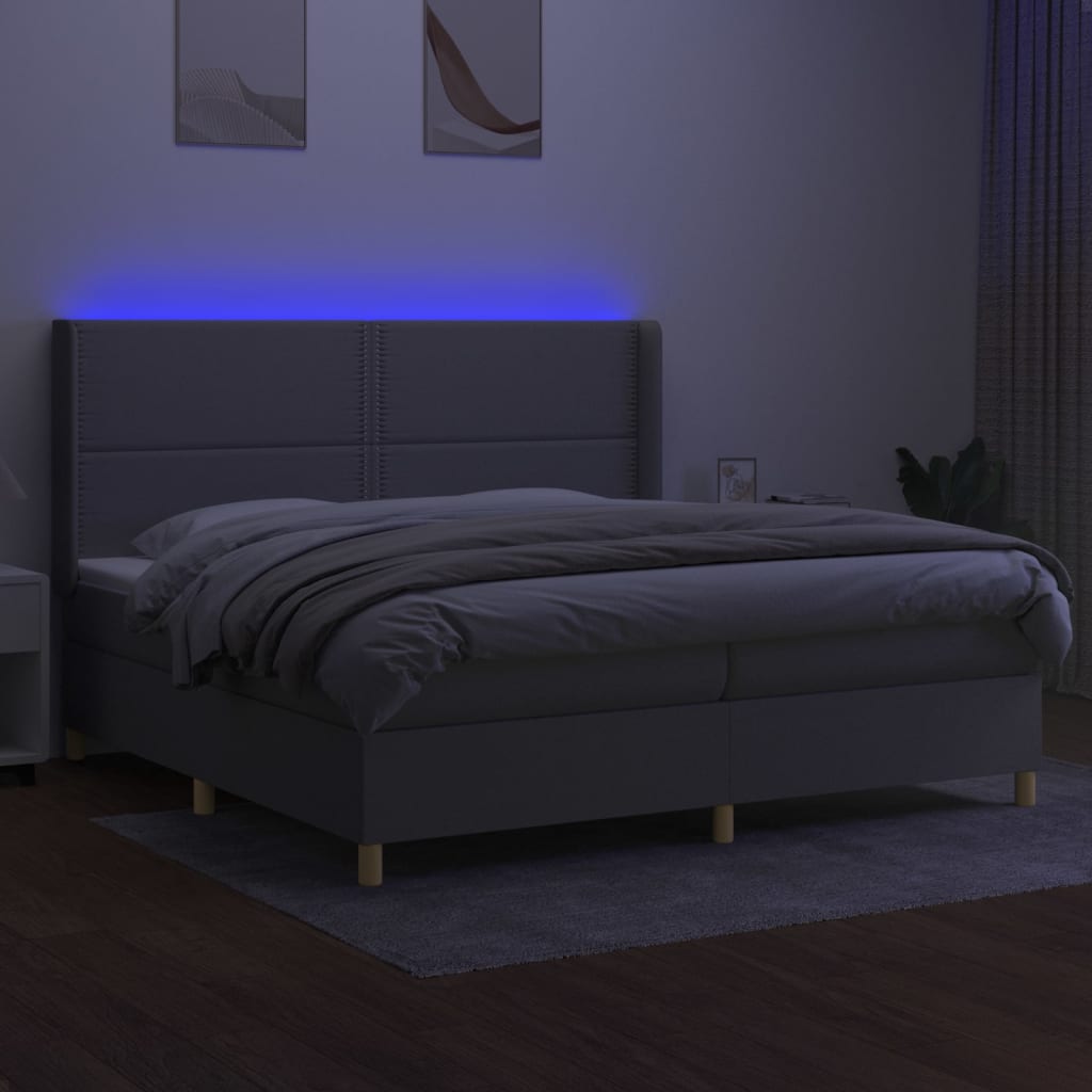 Krevet box spring s madracem LED svjetlosivi 200x200 cm tkanina