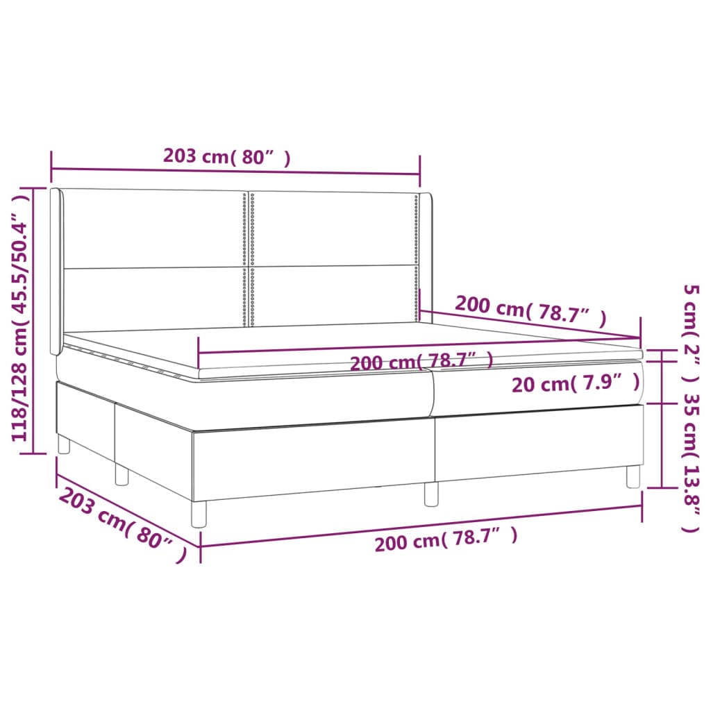 Krevet box spring s madracem LED svjetlosivi 200x200 cm tkanina