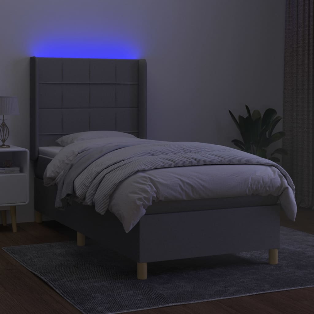 Krevet box spring s madracem LED svjetlosivi 90x190 cm tkanina